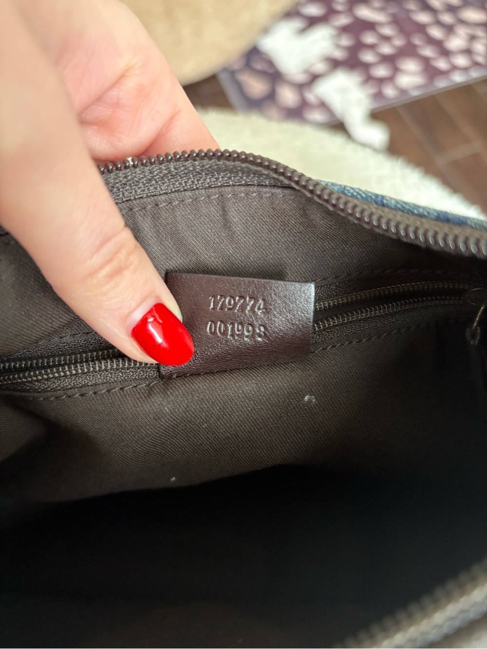 Gucci Blue Denim Monogram Shoulder Bag with Brown Leather Trim - Picture 9 of 12